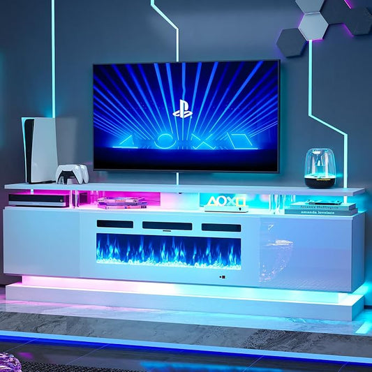 70" Fireplace TV Stand, Modern Entertainment Center for TVs Up to 80”, TV Console with Storage Cabinets, Media Console for Living Room, White TV Stand and White Fireplace