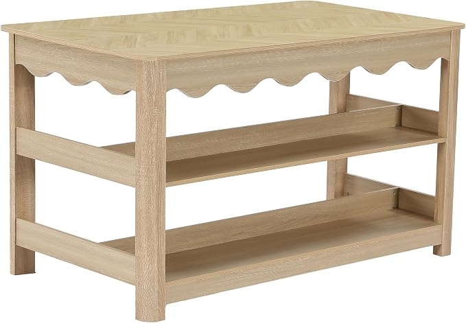 LITTLE TREE 59-Inch Kitchen Island with Seating and Storage, Large Farmhouse Stationary Island Table with Large Worktop, 3-Tier Open Shelves & Leg Room, Light Oak Kitchen Prep Station, Breakfast Bar