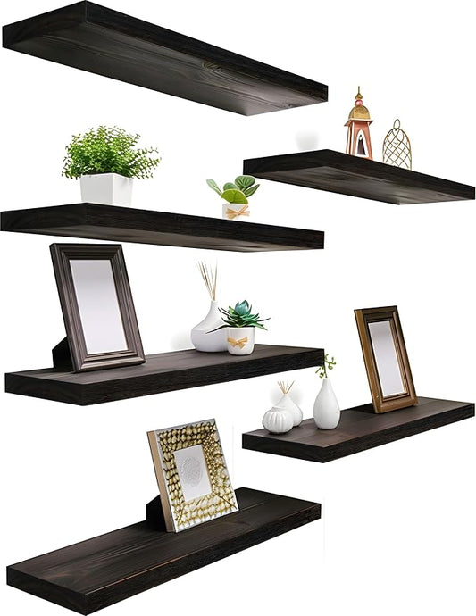 YYWUOJJ Wood Floating Shelves for Wall Decor, Rustic Wall Shelves for Bedroom Bathroom Kitchen Living Room, Set of 6 Walnut