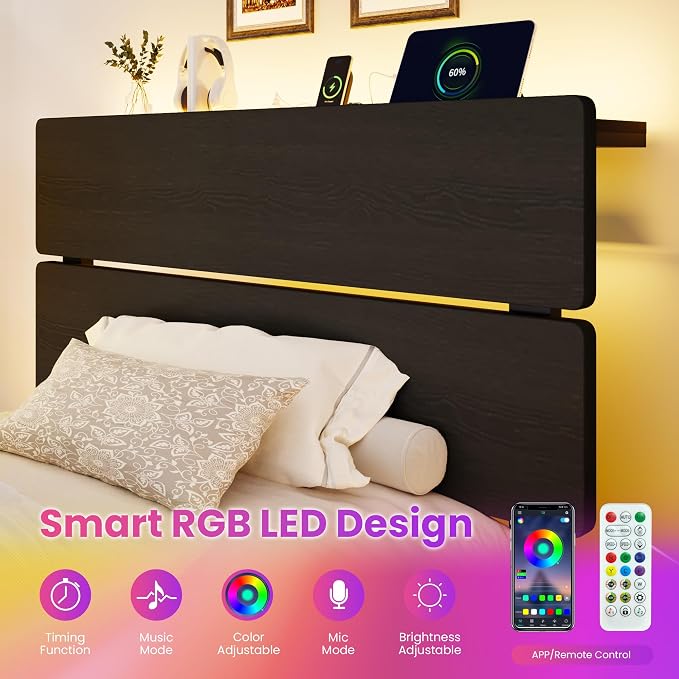 SHA CERLIN Twin Size Bed Frame with Led Light & Built-in Charging Station, Wooden Headboard with Storage Shelf, Metal Platform Bed, Under Bed Storage, No Box Spring Needed, Noise Free, Black