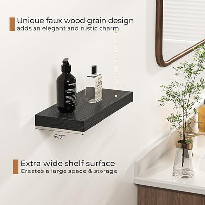 Fun Memories Floating Shelves - 16 Inch Rustic Black Wall Shelf - Wall Mounted Shelves for Wall Decor Storage - Wooden Shelves with Invisible Brackets for Living Room, Bedroom, Kitchen, 2 Pack