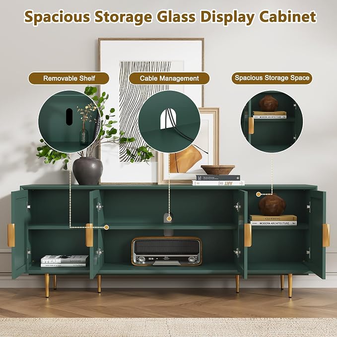 66" TV Stand for 75 Inch TV, Minimalist Media Console with Adjustable Shelves, Modern Entertainment Center with Storage for Living Room Bedroom, Green