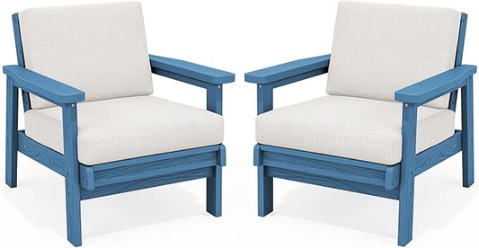 SERWALL HDPE Outdoor Couch Set of 2, Blue Frame and Khaki Cushion