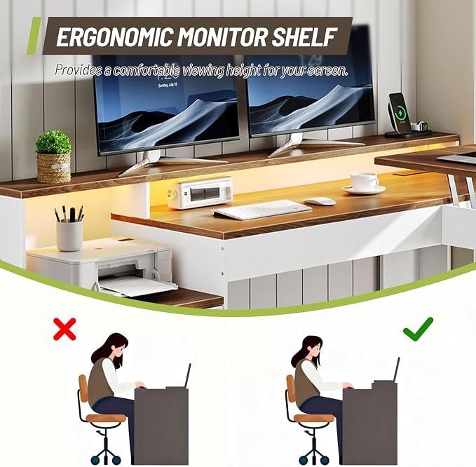 Farmhouse 63" L Shaped Standing Desk, Corner Computer Desk with Drawers, Office Desk with File Drawers with RGB Lighting & Charging Station, Monitor Stand and Storage Shelves, White and Walnut