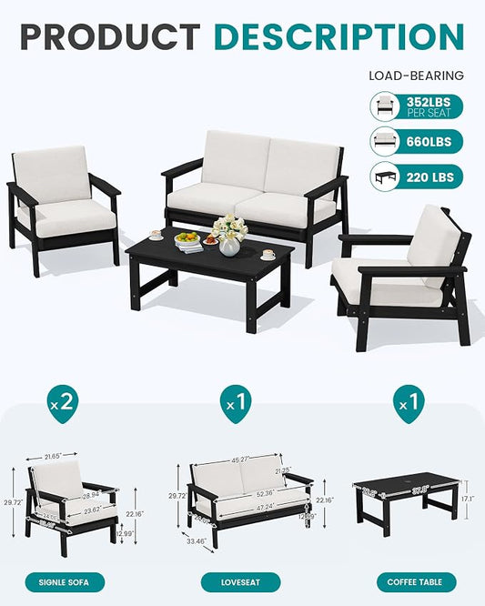 SERWALL HDPE Outdoor Furniture Set, 4 Piece Outdoor Sofa Set, Black Frame with Khaki Cushions
