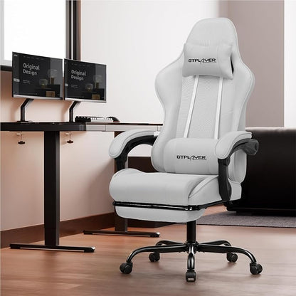 GTPLAYER Gaming Chair with Footrest, Computer Chair with and Lumbar Support, Height Adjustable Game Chair with 360°-Swivel Seat and Headrest and for Office or Gaming (All Light Gray-Fabric)
