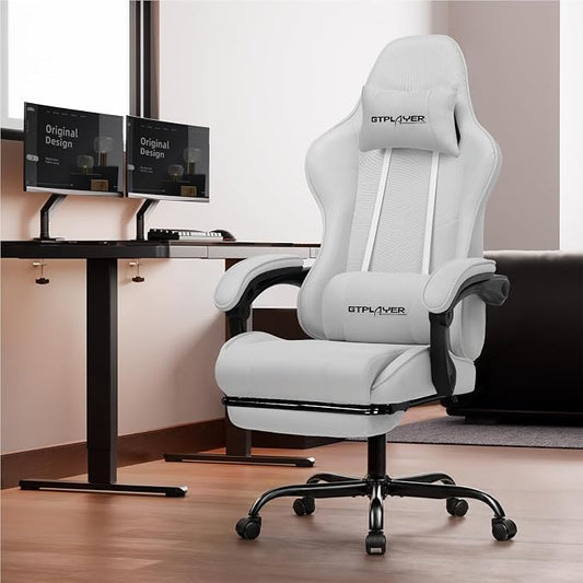 GTPLAYER Gaming Chair with Footrest, Computer Chair with and Lumbar Support, Height Adjustable Game Chair with 360°-Swivel Seat and Headrest and for Office or Gaming (All Light Gray-Fabric)