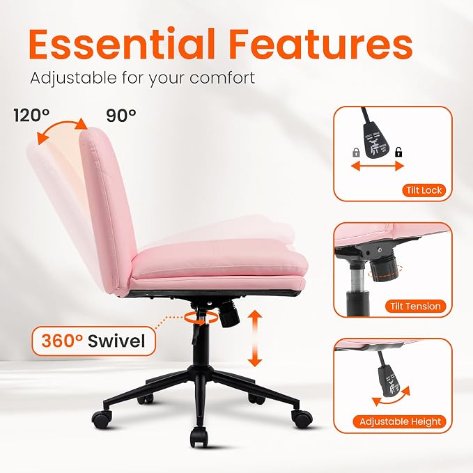 Orange Factory Criss Cross Chair with Wheels Comfy Wide Vanity Desk Chair Dual Base Leather Armless Adjustable Swivel for Home Computer Task (Pink Pu, Faux Leather)