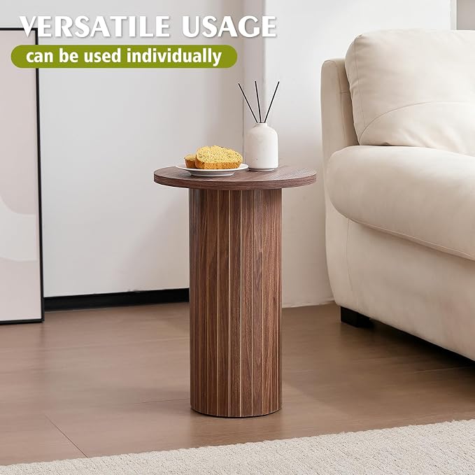 Round Side Tables Set of 3, Circle Modern Fluted Nesting Coffee Table, Accent End Table Set for Living Room and Bedroom, Brown