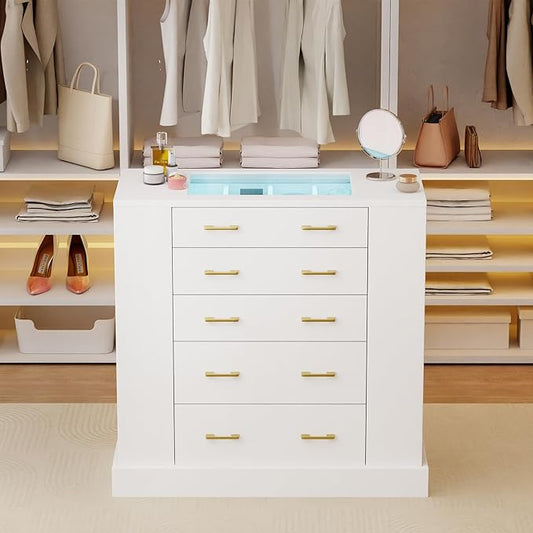 Closet Island with Glass Top, LED Lights and Jewelry Display, Bedroom Island with Open Shelves, Drawers Dresser & Walk-in Closet Island for Bedroom, Cloakroom, White 2
