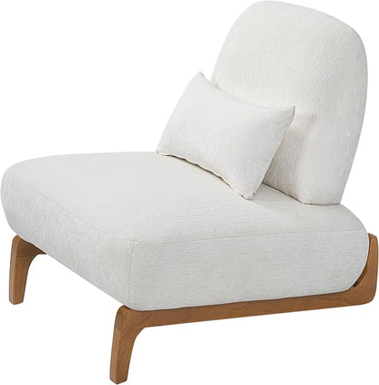 Merax Linen Accent Chair with Curved Wood Base and Lumbar Pillow, Off-White + Natural