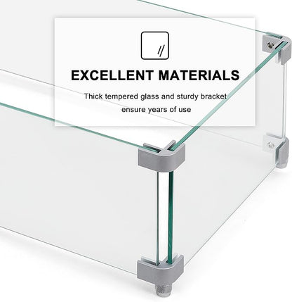 NUU GARDEN 27.6'' x 11.7'' x 6.5" Rectangular Fire Pit Wind Guard, Transparent Tempered Glass, Polished Aluminum Brackets, 3M Anti-Slip Pads, Fit for Best Choice 52-inch Fire Table WG01