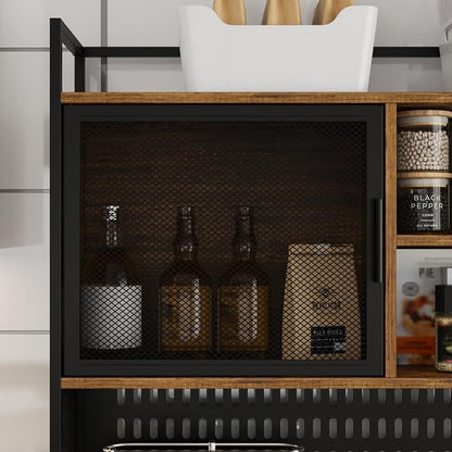 AIEGLE Large Kitchen Hutch Pantry Cabinet, Storage Kitchen Pantry in Metal Frame, Storage Cupboard with Metal Mesh Door, 6 Drawer & Microwave Shelf, for Kitchen Living Room, Brown 70.9" Wide