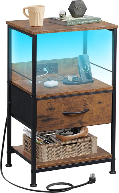 WLIVE Night Stand with Charging Station, LED Nightstand with Fabric Drawer and Open Shelf, Small Bedside Table for Bedroom, Dorm, Small Space, Rustic Brown