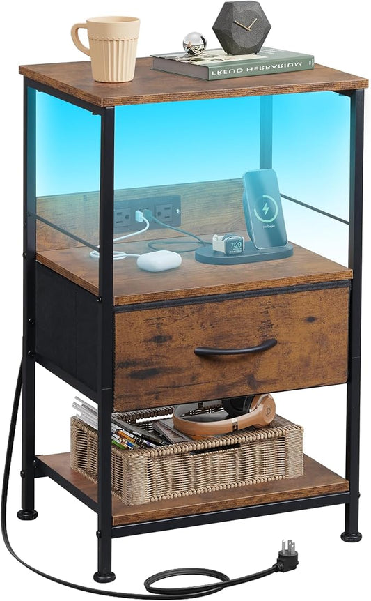 WLIVE Night Stand with Charging Station, LED Nightstand with Fabric Drawer and Open Shelf, Small Bedside Table for Bedroom, Dorm, Small Space, Rustic Brown