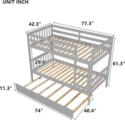 Harper & Bright Designs Convertible Wood Twin-Over-Twin Bunk Bed with Trundle and Ladder - Can Be Divided Into Two Platform Beds (Grey)