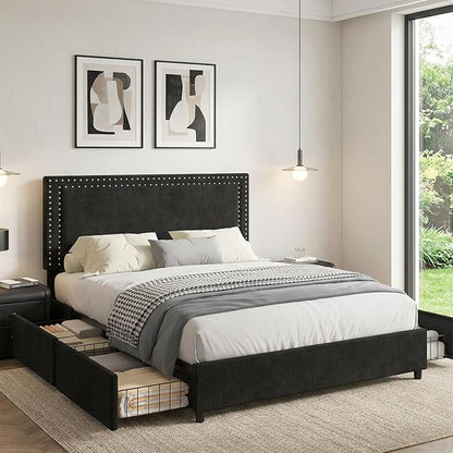 VECELO Queen Size Upholstered Bed Frame with 4 Storage Drawers, Adjustable Velvet Rivet Decor Headboard, Wooden Slats Platform Support, No Box Spring Needed, Easy Assembly,Black