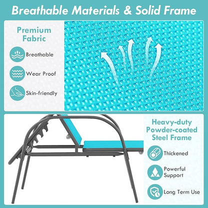Giantex 2 Pack Patio Lounge Chair, Outdoor Chaise Lounge with 5 Adjustable Backrest, Sturdy Steel Frame, Sunbathing Recliner, Tanning Chair for Beach, Outside, Yard, Balcony, Pool Chairs (2,Turquoise)