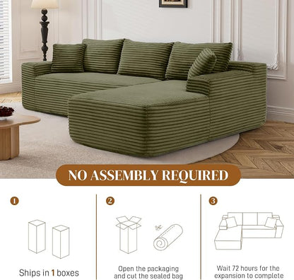 95" L Shaped Boneless Sectional Couches, Wide Armrest, Deep Seat, Memory Foam, Assembly Free, Modern Comfy Corduroy Fluffy Cloud Sofa with Right Chaise for Living Room, Small Spaces, Green