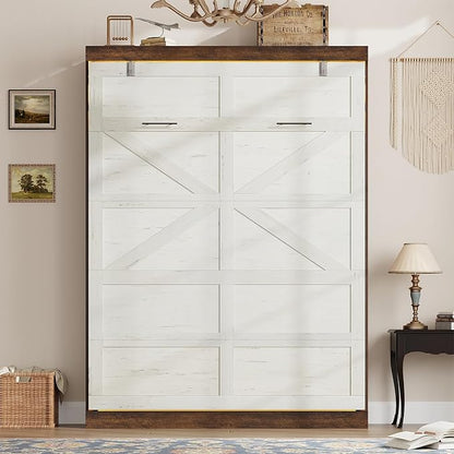 Hlivelood Full Size Murphy Bed with 2 LED Lights, Farmhouse Wood Hidden Foldable Wall Bed Frame w/Gas Struts, Storage Bed Cabinet for Bedroom, Office, Space-Saving, No Box Spring Needed, Rustic White