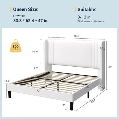 Allewie Queen Size Velvet Platform Bed Frame with Vertical Tufted Wingback Headboard, Easy Assembly, Under Bed Storage, No Box Spring Required, Modern Style, White