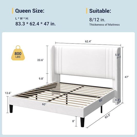 Allewie Queen Size Velvet Platform Bed Frame with Vertical Tufted Wingback Headboard, Easy Assembly, Under Bed Storage, No Box Spring Required, Modern Style, White
