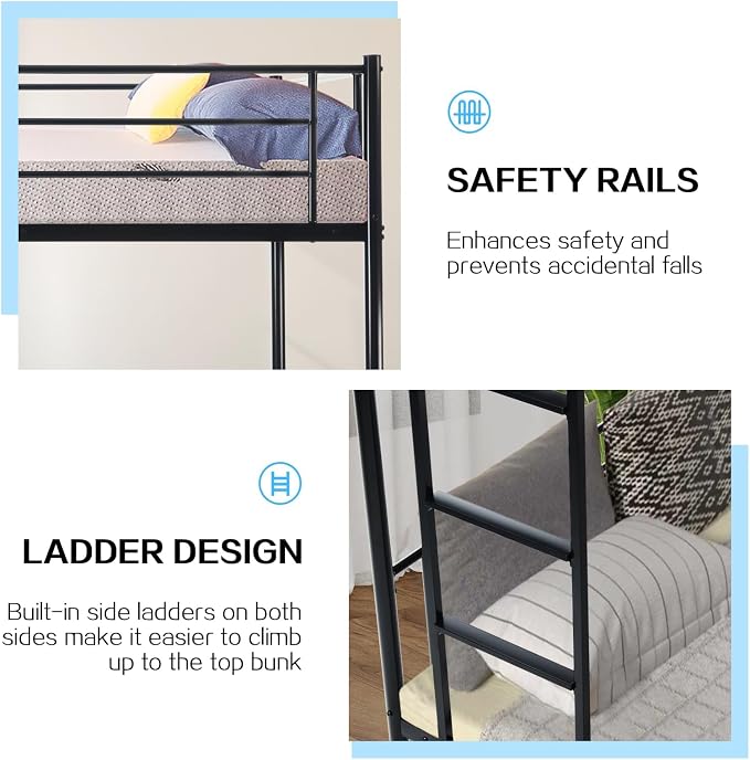 Bunk Bed Twin Over Twin with Ladders and Guardrail,Sturdy Literas Heavy Duty Metal Slats,400 lbs Capacity,No Spring Box Required,Black