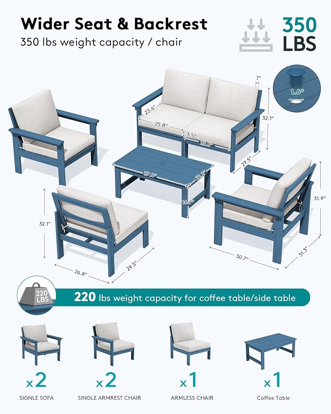 SERWALL HDPE Patio Conversation Set, 6-piece Sectional Outdoor Furniture Set, All Weather Outdoor Couch Set Patio Furniture Set for Deck, Lawn, Blue Frame with Beige Cushion