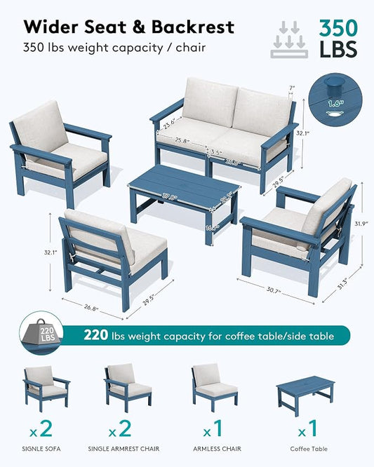 SERWALL HDPE Patio Conversation Set, 6-piece Sectional Outdoor Furniture Set, All Weather Outdoor Couch Set Patio Furniture Set for Deck, Lawn, Blue Frame with Beige Cushion