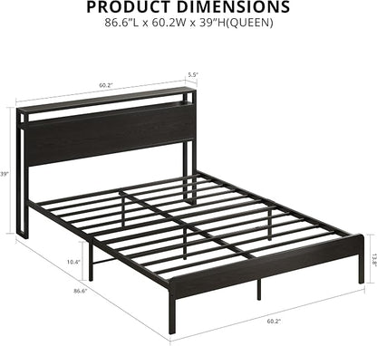 LIKIMIO Queen Bed Frame with Headboard, Dark Wood Camas Queen with Strong Supports, Sturdy, Noise-Free, No Box Spring Needed, Classic Black