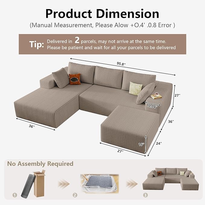 95" Cloud Sectional Couch U-Shaped Chaise with Ottoman, Corduroy Boneless Couch for Living Room Bedroom, Deep-Seat Upholstered Modular Cloud Sofa, No Assembly Required (Camel, Left Facing Chaise)
