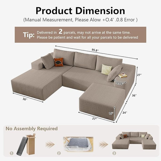 95" Cloud Sectional Couch U-Shaped Chaise with Ottoman, Corduroy Boneless Couch for Living Room Bedroom, Deep-Seat Upholstered Modular Cloud Sofa, No Assembly Required (Camel, Left Facing Chaise)