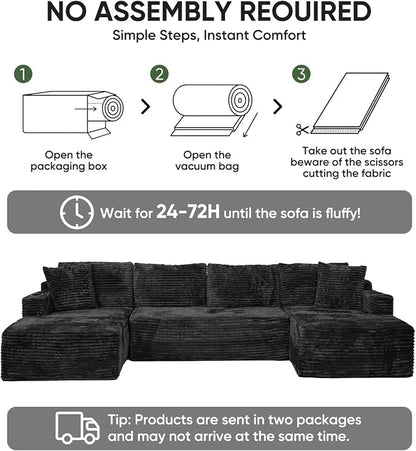 Boneless Couch, 127" Sofas for Living Room, U Shaped Couch with Chaise | Sectional Sofa, Cloud Couch Sectional with Cup Holders and Storage, Cloud Sofa with Deep Seat, Black, Corduroy, No Assembly