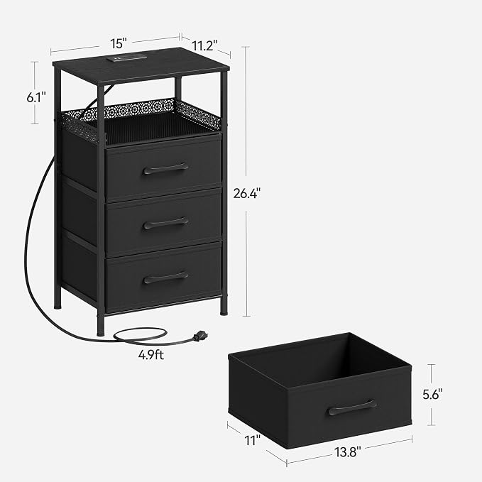 JARHETUN Nightstand Set of 2, Night Stands with Charging Station, 26.4 Inch Tall Bedside Table with Metal Shelf, Modern Side End Table with 3 Fabirc Drawers, Small Dresser for Bedroom, Black