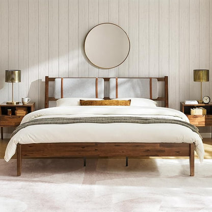 mopio Ted Bed Frame with Headboard, Mid Century Modern Acacia Solid Wood Platform Bed Frame, Wooden Slats, No Box Spring, Double Metal Bar Support (Solid Wood Upholstered, King (U.S. Standard))