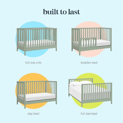 Davinci Sammy Scallop 4-in-1 Baby Crib & Mattress Bundle - Light Sage | Low-Profile Crib Convertible to Toddler Bed, Daybed, Full Bed - Easy to Assemble - Includes Mattress w/ Waterproof Cover