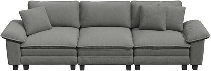 PHI VILLA Modular Couches Sets, 123.6" Cloud Sectional Sofa with Upholstered Deep Seat, 3-Seater Couch for Living Room Apartment, Corduroy Fabric, Grey