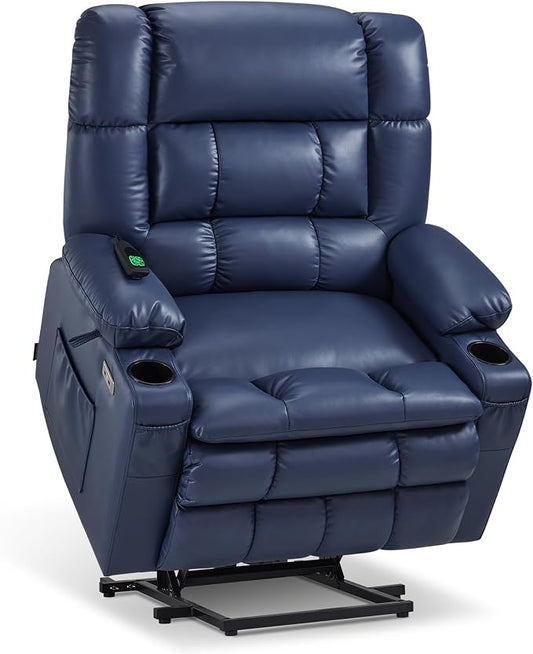 MCombo Small Dual Motor Power Lift Recliner Chair for Elderly, Zero Gravity Lift Chair with Heat and Massage, Lay Flat Recliner for Petite, USB Ports, Faux Leather R7894 (Small-Wide, Blue)