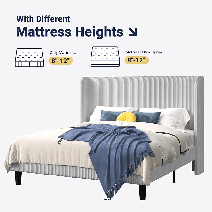 Allewie Queen Size Bed Frame with Upholstered Wingback Headboard, Vertical Channel Tufted Corduroy Velvet Platform Bed, Strong Wooden Slats Support, No Box Spring Needed, Easy Assembly, Light Grey