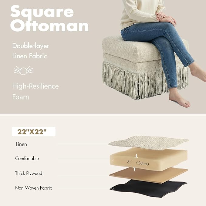 Hyfirm 22 Inch Square Beige Ottoman with Fringe for Living Room, Plush Modern Boho Upholstered Accent Pouf Ottomans Foot Rest for Bedroom, Footstool Ottoman End of Bed