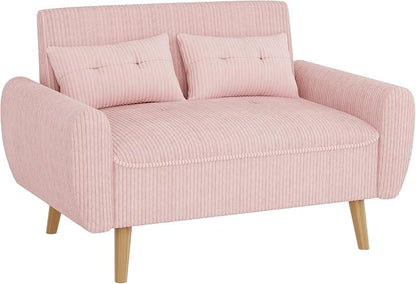 Shintenchi 48'' Loveseat Sofa, Mid-Century Modern Upholstered Couch Deep Seat with 2 Pillows, 10" Thick Cushion with Spring, Solid Wood Frame Small Couch for Living Room, Bedroom, Dorms & Office, Pink