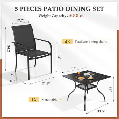 SUNCROWN 5 Pieces Outdoor Dining Set, Patio Furniture Set with 4 x Textilene Dinning Chairs and 1 Steel Slat Metal Bistro Table for Lawn Garden Backyard Poolside Deck, Black