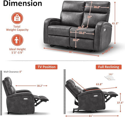 MCombo Zero Wall Recliner Loveseat, 2-Seat Power Wall Hugger Sofa with USB & Type-C Charge Ports, for Small Space Living Room RV, Faux Leather PR646 (Dark Grey, Loveseat)