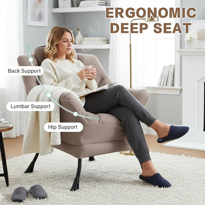 Lazy Chair for Living Room, Modern Soft Reading Chair Accent Contemporary Sofa Chair with Armrests and a Side Pocket for Bedroom, Dorm & Office, Khaki