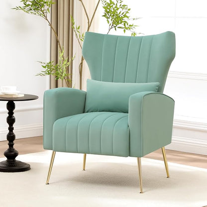 Accent Chairs Set of 2,Upholstered Living Room Chairs,High Back Arm Chairs with Metal Legs Lumbar Reading Chairs for Living Room,Bedroom, Apartment Lake Green