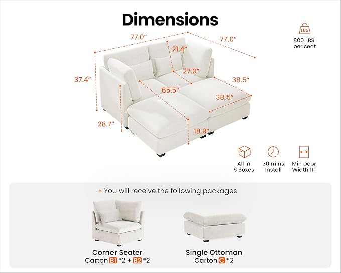 77" Oversized Chenille Couch Modular Sectional Sofa, Washable Cloud Couch Sectional with 2 Ottoman, 4 Seater Sectional Couches for Living Room, Fully Cover Removable, Chaise Lounge, Chenille, White