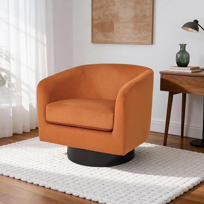 Swivel Barrel Accent Chair, Modern Round Chenille Fabric Arm Chair for Living Room, Bedroom, Comfy Club Reading Chairs for Adults（Velvet Orange, Set of 1