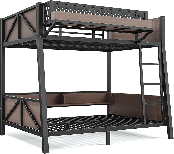 Bellemave Bunk Bed Twin Over Twin with LED, Heavy Duty Metal Bunk BedFrame with Storage Shelves and Lights, Black