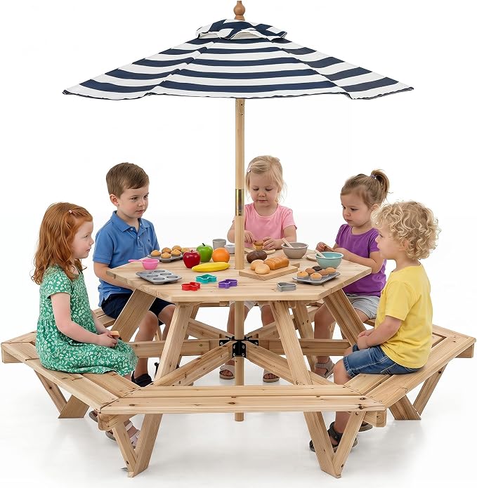 Costzon Kids Picnic Table, Hexagonal Wooden Toddler Outdoor Table and Bench Set with Removable Umbrella, Kids Outdoor Furniture for Patio Lawn Garden Backyard, Seats Up to 6 Children Age 3+ (Natural)