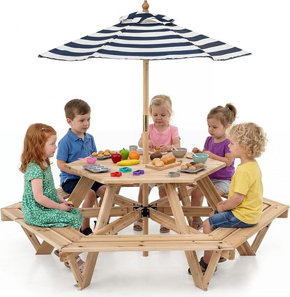 Costzon Kids Picnic Table, Hexagonal Wooden Toddler Outdoor Table and Bench Set with Removable Umbrella, Kids Outdoor Furniture for Patio Lawn Garden Backyard, Seats Up to 6 Children Age 3+ (Natural)